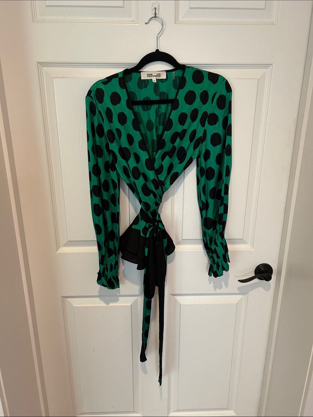 Diane Von Furstenberg Green Wrap Blouse with Black Polka Dots